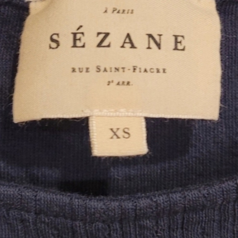 SEZANE CLEA TEE SHIRT 100% Cotton Ribbed Lace Sleeves Navy Blue XS - Picture 7 of 11